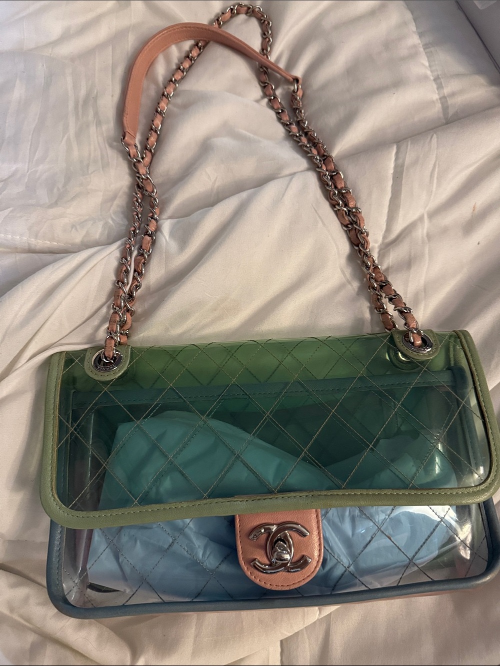 CHANEL Green and Pink Quilted Clear Shoulder Bag